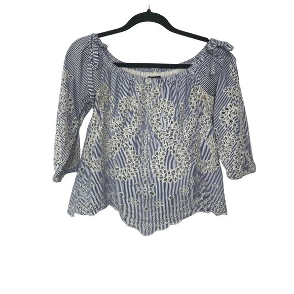 Express Blouse Eyelet Off the Shoulder Striped 3/4 Sleeve Cotton Lined Blue S - Picture 2 of 12